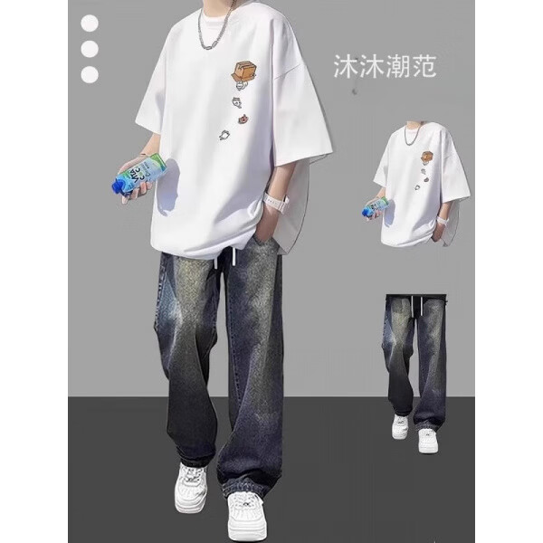 梵姿缇美式短袖t恤男夏季套装学生帅气宽松潮流男装一整套搭配 短袖白色 短袖白色+牛仔裤蓝【两件套】 S