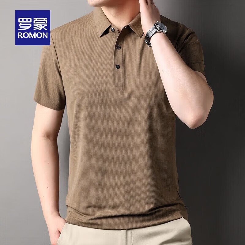 罗蒙(ROMON)【高弹无痕】短袖polo衫男夏季新款泡泡格弹力纯色翻领短袖t恤 G2206深杏 4XL 195/108A(建议195-210斤)