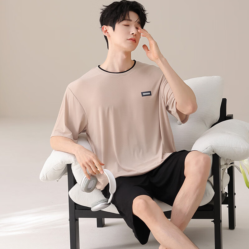 都市丽人睡衣男士冰丝凉感夏季薄款休闲大码圆领短袖短裤家居服套装可外穿 男士短袖短裤套装-浅灰色 L （建议105-135斤） （建议135-155斤） 