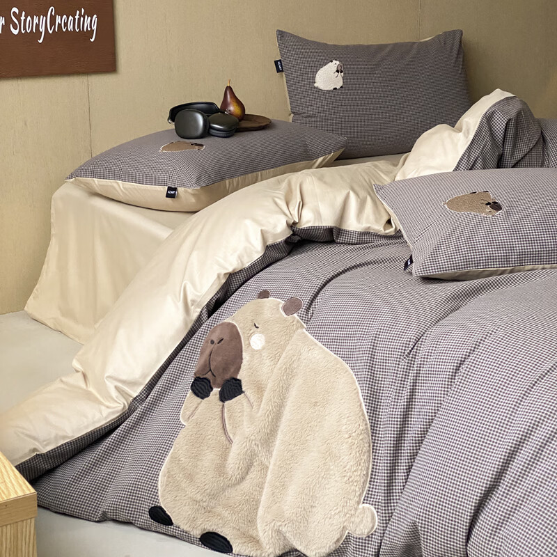 ROLAND LIVE儿童卡通萌趣全棉色织水洗棉四件套亲肤裸睡纯棉学生宿舍三件套 KZ 全棉贴布绣套件-卡皮巴拉 小号 床单款 【被套150*200cm】