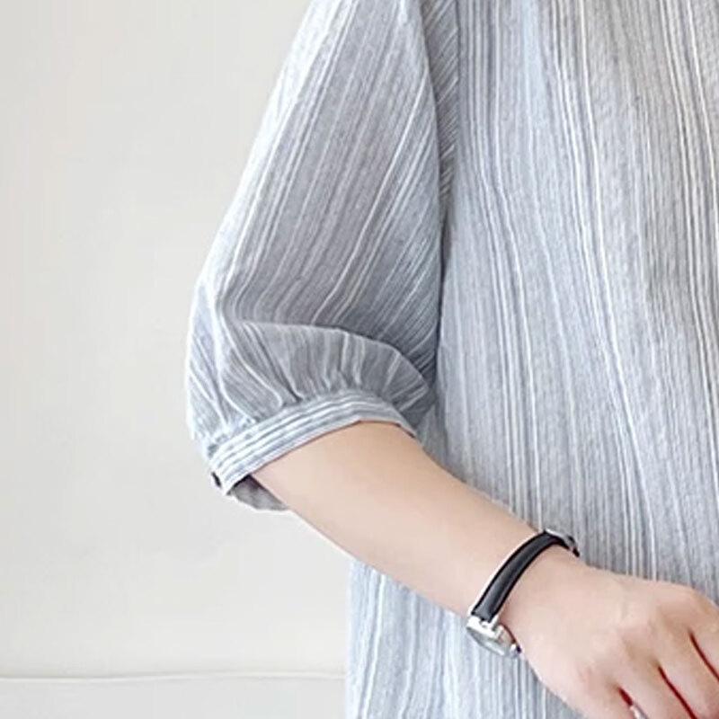 子牧棉麻2026春夏装 女设计感小众气质法式条纹衬衫女洋气小衫衬衣7388 蓝色 XL (建议125-135斤)