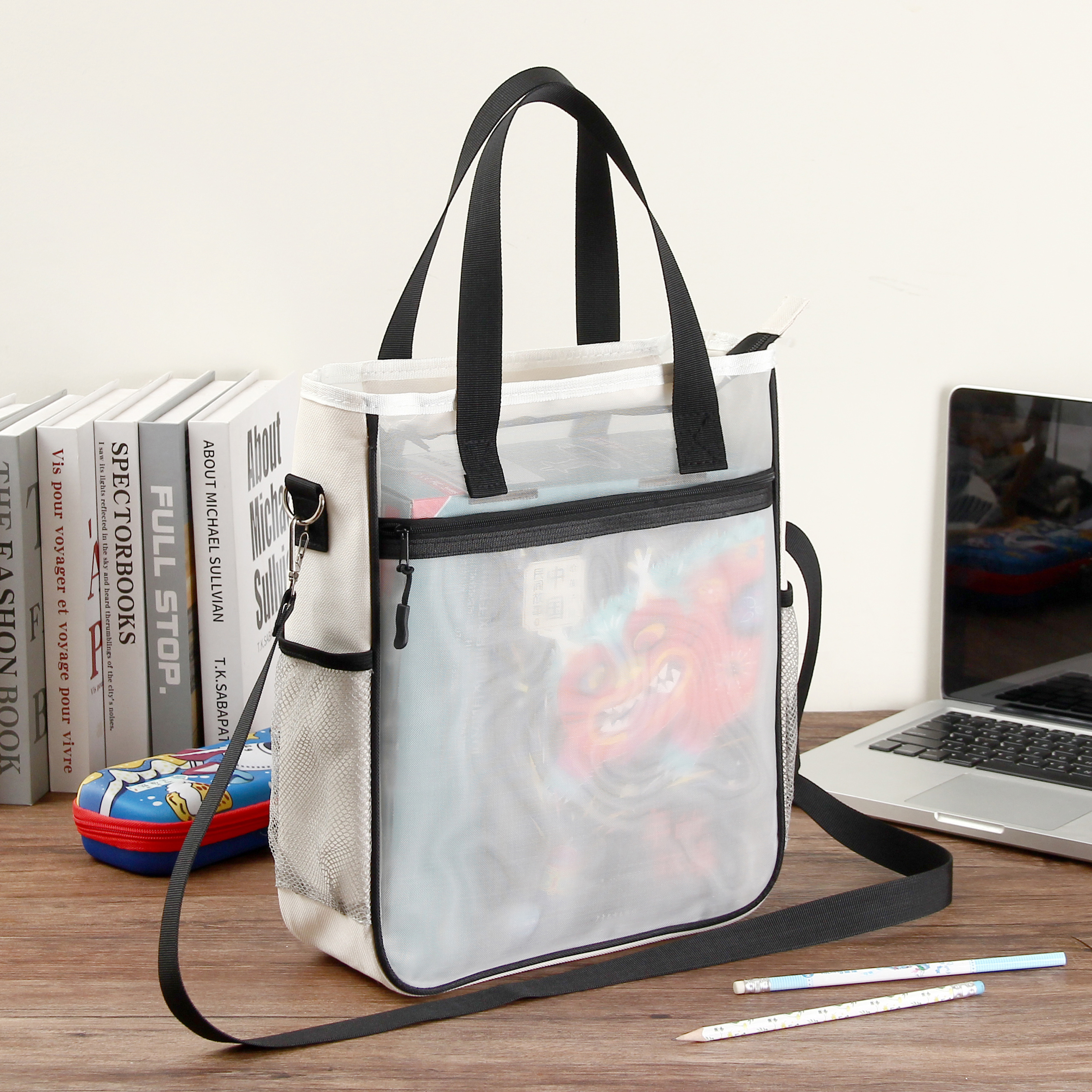 巴布格网纱透明补习袋手提新款牛津布资料袋A4大容量学生课本补课拎书袋简约帆布拉链袋初中高美术收纳袋 蓝灰款【加厚网纱】学生收纳专用