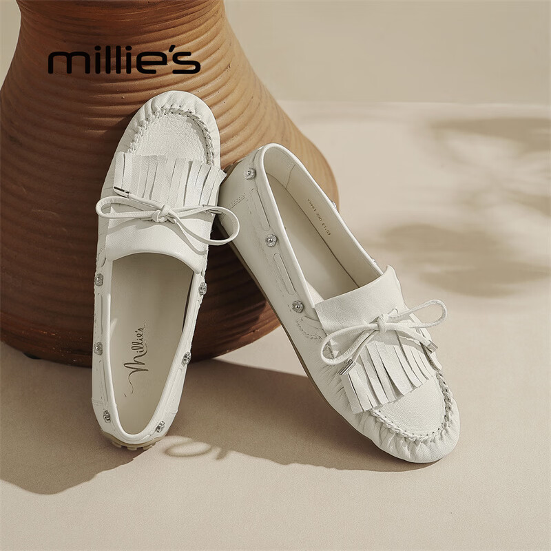 妙丽（Millies）乐福鞋女平底复古时尚2026春季新款百搭舒适通勤小皮鞋 米白色 35 (225mm)