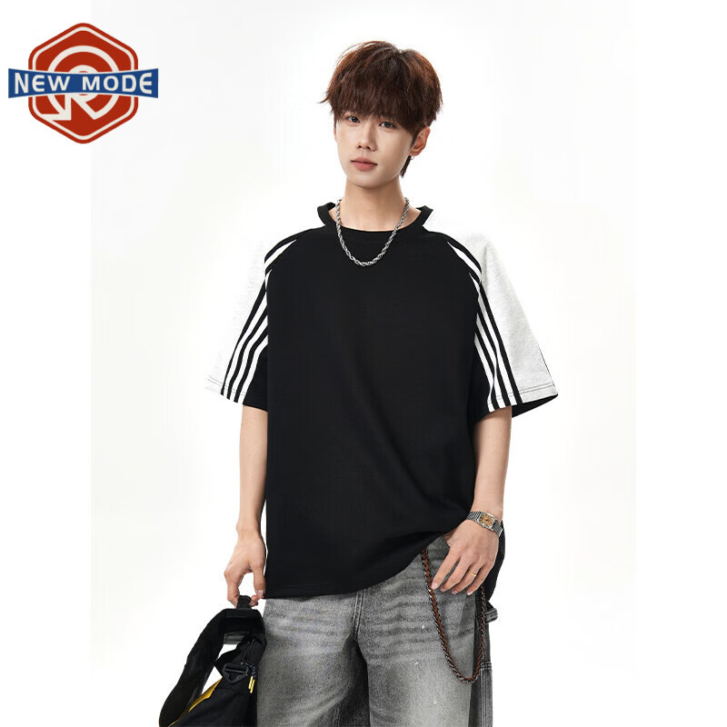 NEW OR MODE美式复古条纹短袖t恤男夏季新款宽松拼接撞色百搭情侣半袖上衣T恤 黑色【高品质】 2XL 【建议140-160斤】