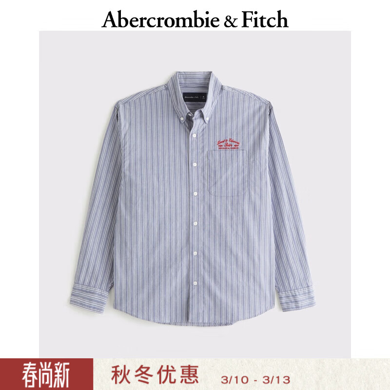 Abercrombie &amp; Fitch美式通勤高级感府绸舒适条纹长袖衬衫25秋冬男装125-5223 靛蓝色 S (175/92A)