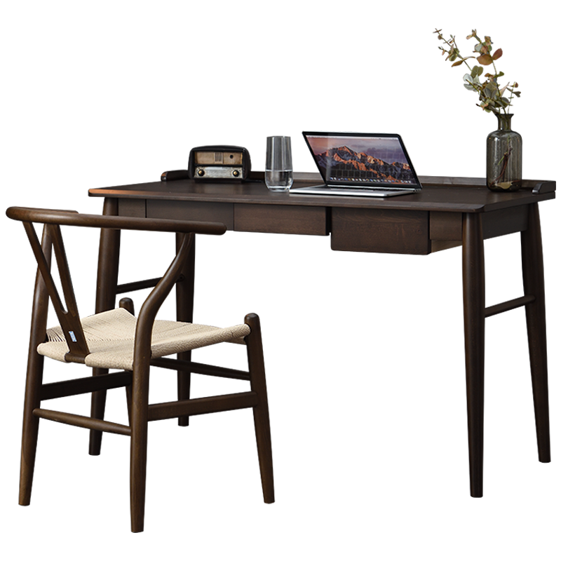 香木语 实木书桌欧式简约家用办公桌进口榉木学生学习桌新中式书房写字桌三抽带插座卧室桌 胡桃色单桌