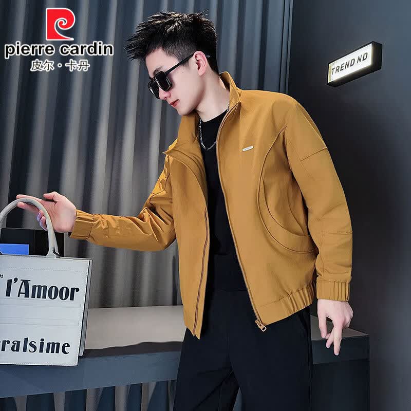皮尔卡丹（pierre cardin）2026春季新款黑色立领夹克男潮流痞帅风拼接男士设计短款休闲外套 橘黄 M 建议115斤以内