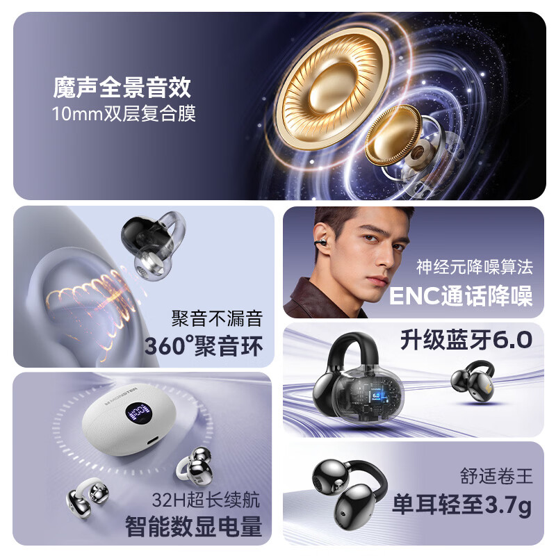 魔声（Monster）Airclip AC710 蓝牙耳机无线降噪运动耳夹式骨传导概念开放不入耳舒适佩戴大电量超长续航数显屏 黑色【磨砂数显版+32h续航+单耳3.7g】