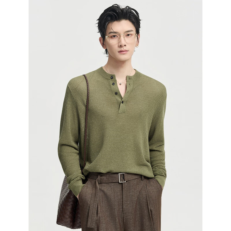 伯爵卓尔26春季l莱赛尔薄款针织衫男宽松套头时尚亨利领上衣 月隐灰 L