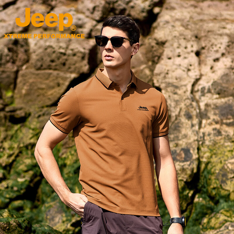 JEEP吉普男士T恤2026春夏季新款短袖男冰丝凉感短袖男商务休闲polo衫 焦糖色 /男女同款 XL