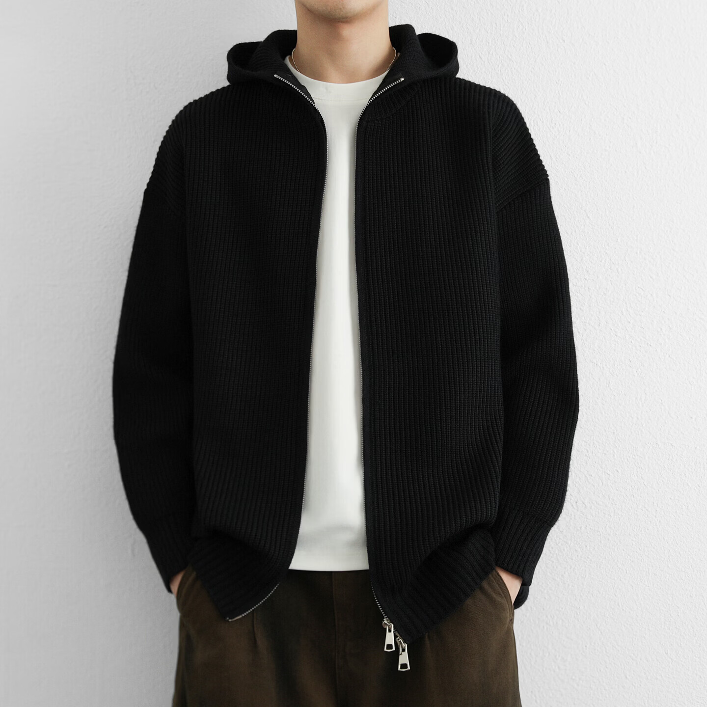 2026潮牌高档连帽针织开衫男士连帽针织开衫春夏季青年休闲宽松 黑色 3XL 【建议体重165-180斤】