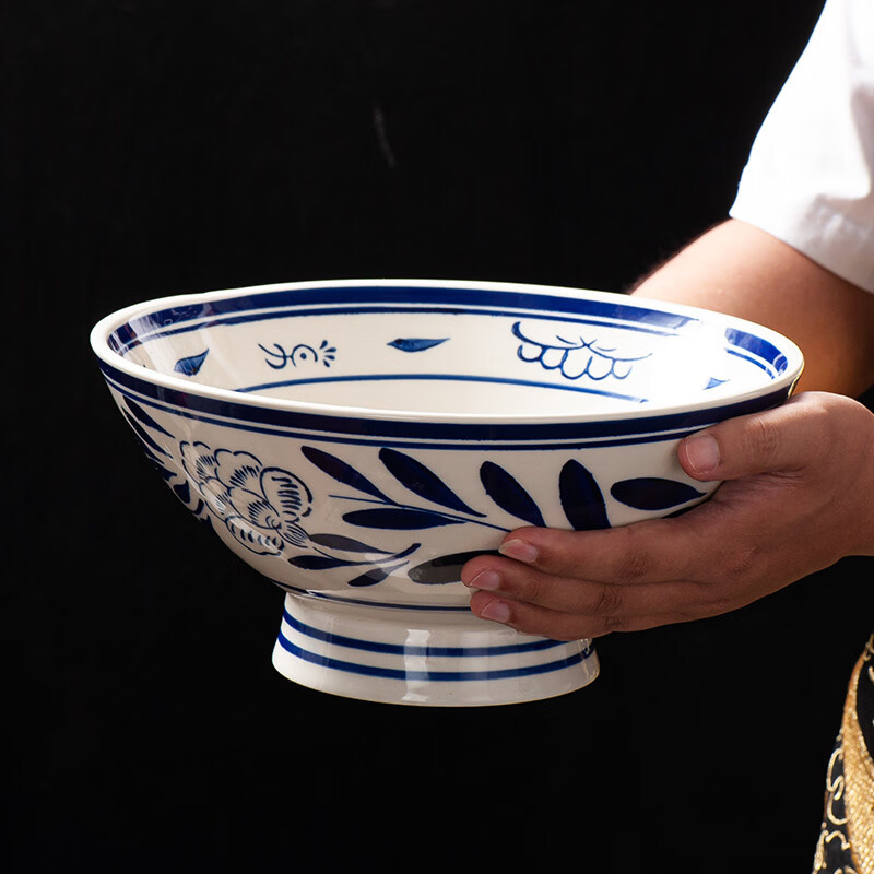 溥畔大号拉面碗复古手绘陕西老关中陶瓷大碗油泼面碗商用高脚碗汤面碗 手绘青花+10英寸秦海碗