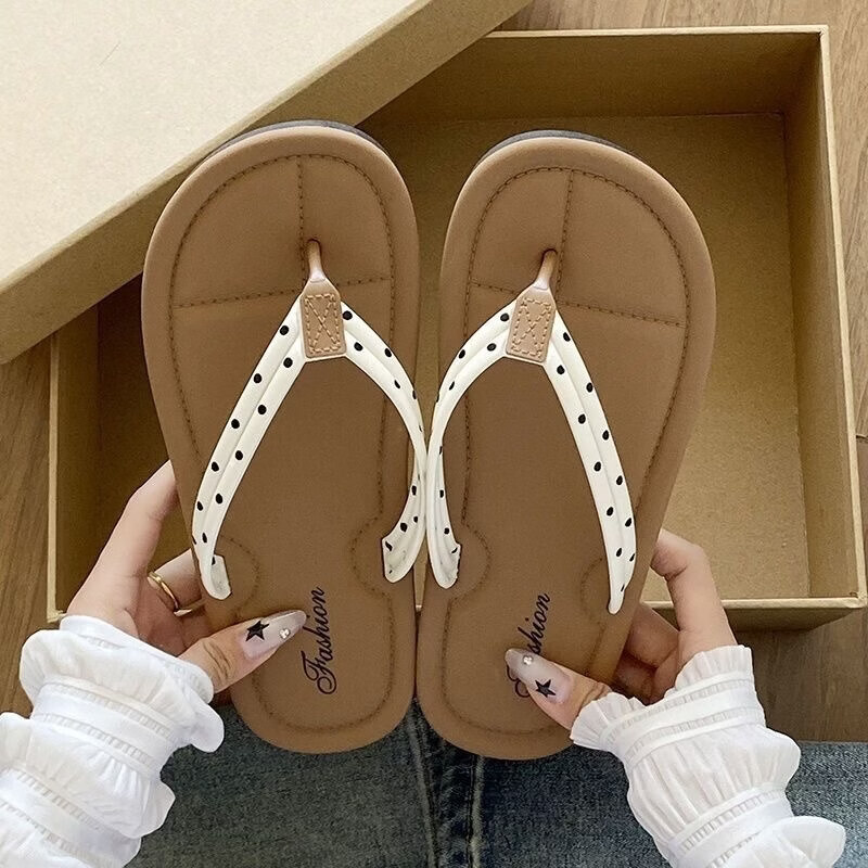 福虹辰2026年新款百搭卡通可爱人字拖鞋女夏季外穿软底时尚网红凉拖Z 波点人字拖-黑色 36-37