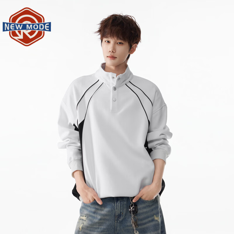 NEW OR MODE美式学院风撞色立领卫衣男春秋潮牌拼接设计感宽松情侣外套上衣服 白色【高品质】 M 【建议90-110斤】
