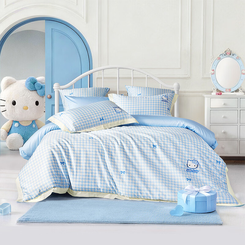 水星家纺儿童三件套100支长绒棉套件A类纯棉100%纯棉裸睡高级感26新款套件 波结KT 床单款 （被套150*210cm）