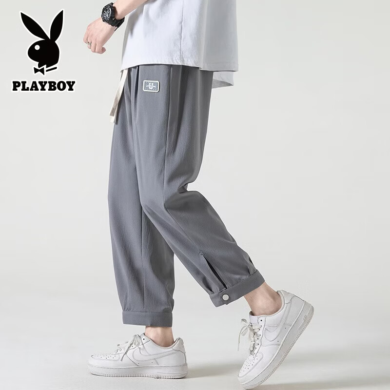 花花公子（PLAYBOY）裤子男士夏季薄款宽松直筒冰丝速干垂感休闲春秋款运动九分卫男裤 311黑色 XL （建议125-150斤）