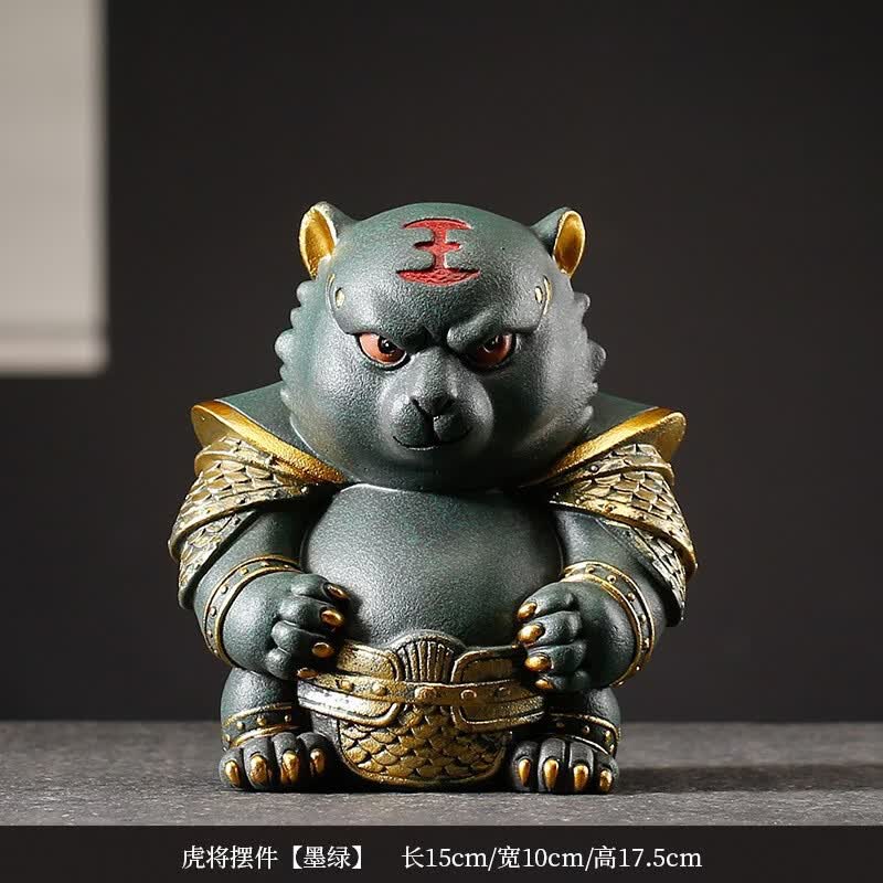 刻羽创意茶宠生肖老虎摆件虎年吉祥物卡通人造石材雕塑工艺品桌面装饰 虎将摆件【墨绿】