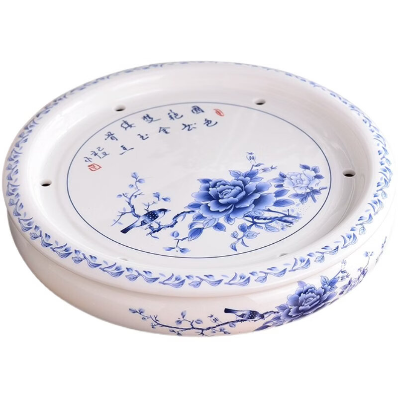 陶瓷茶盘托盘圆形家用宜兴茶台潮汕功夫茶具储水小型白瓷茶盘茶托 10英寸五福临门套装