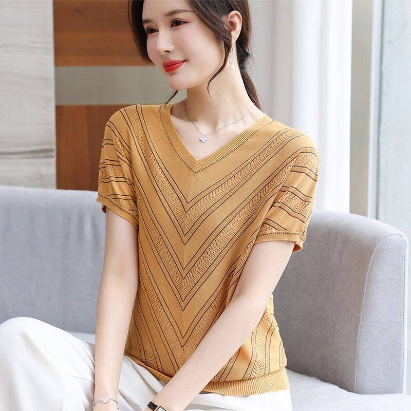 夏典素订女王（SE.PSTP）2026高品质新款高端轻奢大牌中年妈妈针织衫女士百搭短袖冰丝夏季 芥黄色上衣 M 建议80-100斤