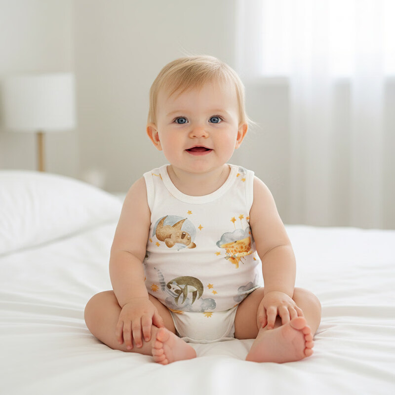 小猪大卫 PECODAVID夏新生婴儿A类纯棉包屁衣男女宝宝短袖对开哈衣爬爬服 好梦星空【背心】 90cm 修身版，按身高，拍大一码