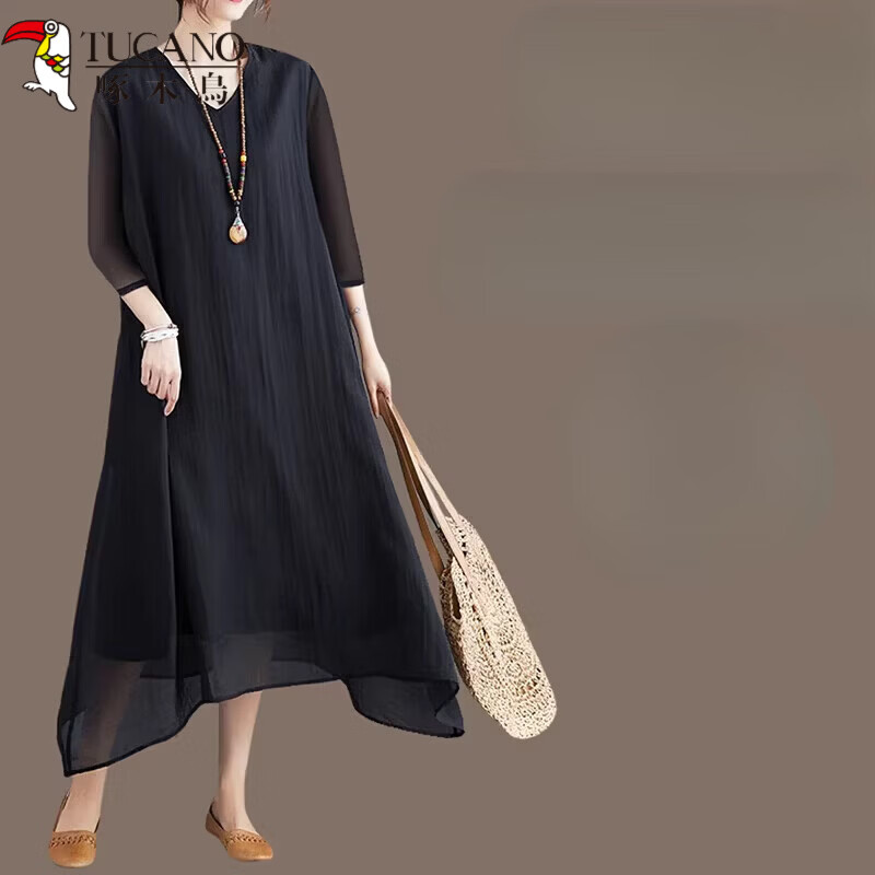 啄木鸟（TUCANO）2026夏季女装新款时尚中年妈妈胖mm裙子宽松大码黑色雪纺洋装夏 黑色(圆领)短袖 XL 约171-184斤