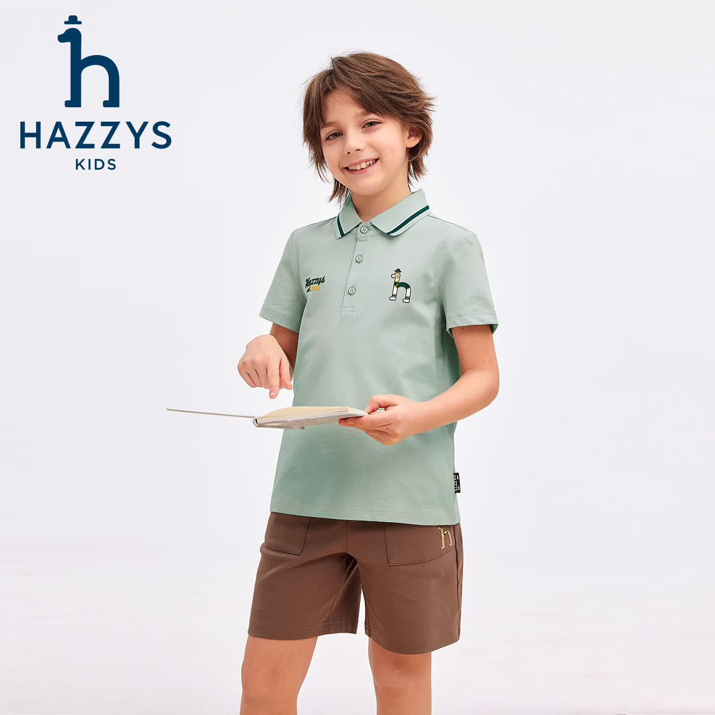 哈吉斯（HAZZYS）童装男童POLO衫2026夏新翻领丝光长绒短袖T恤 米白色 130