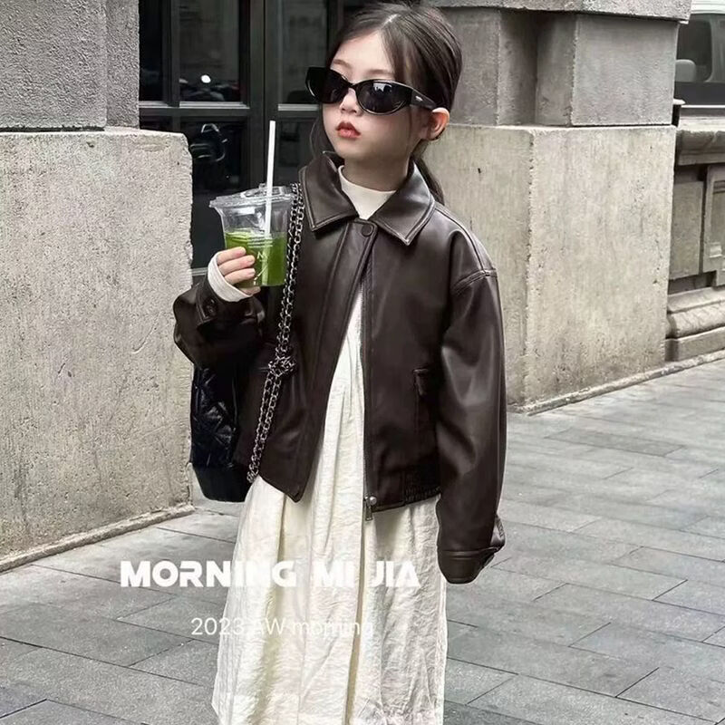 男女童外套2026春秋装复古pu皮衣休闲夹克洋气上衣帅气潮酷冬加绒 咖色皮衣【春秋款】 90 尺码【建议身高80厘米22斤左右】