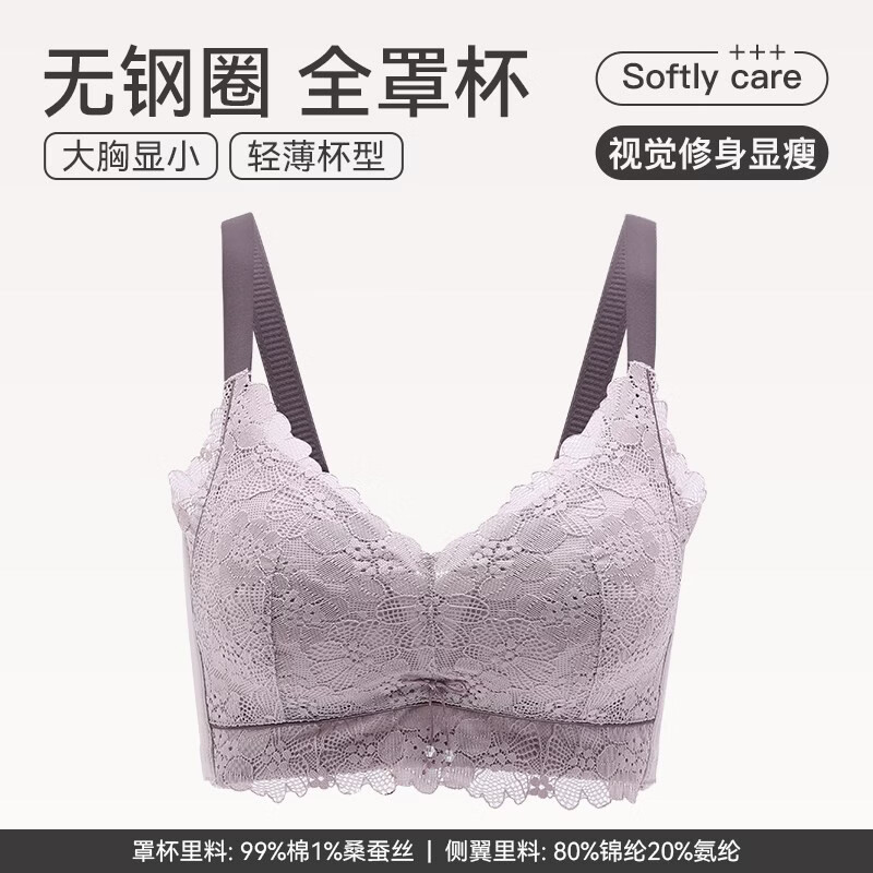 芬腾女士内衣无钢圈胸罩性感蕾丝聚拢上托 托大胸显小防下垂大尺码内 豆沙紫(蕾丝全罩杯) 75B