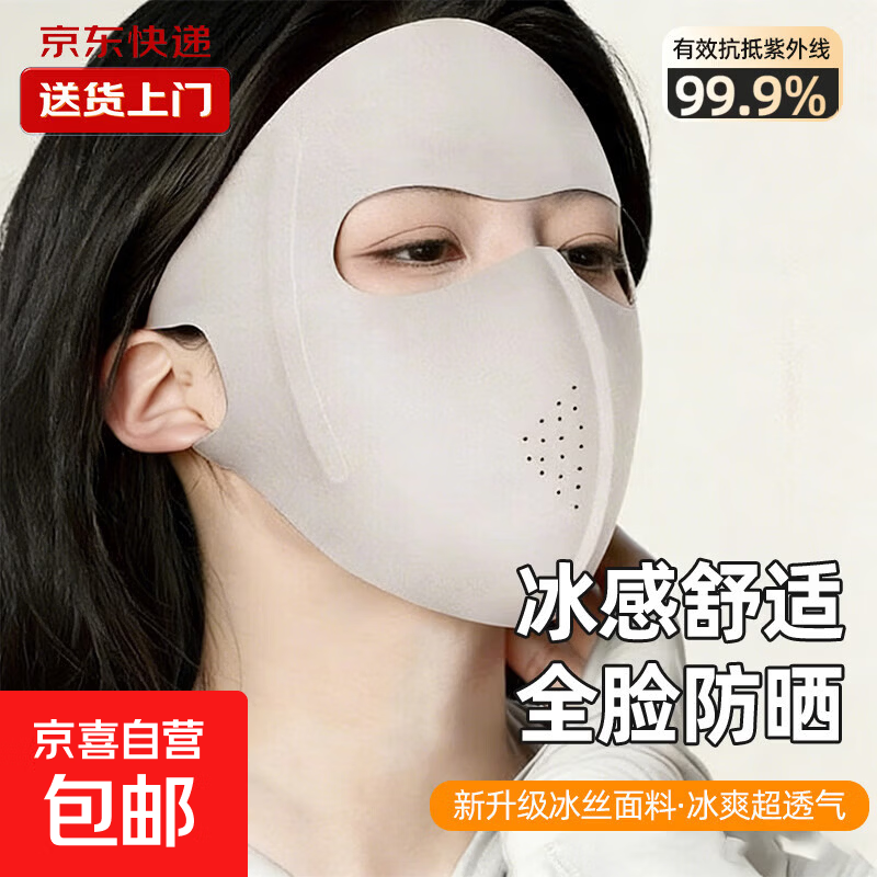 夏季防晒紫外线冰丝轻薄透气护眼角口罩新款基尼全脸防晒面罩 包脸防晒口罩-浅灰色 1个