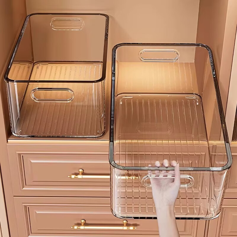 吱凡日本透明收纳盒长方形橱柜桌面杂物整理零食置物亚克力储物筐 【中号】4个装【特厚】