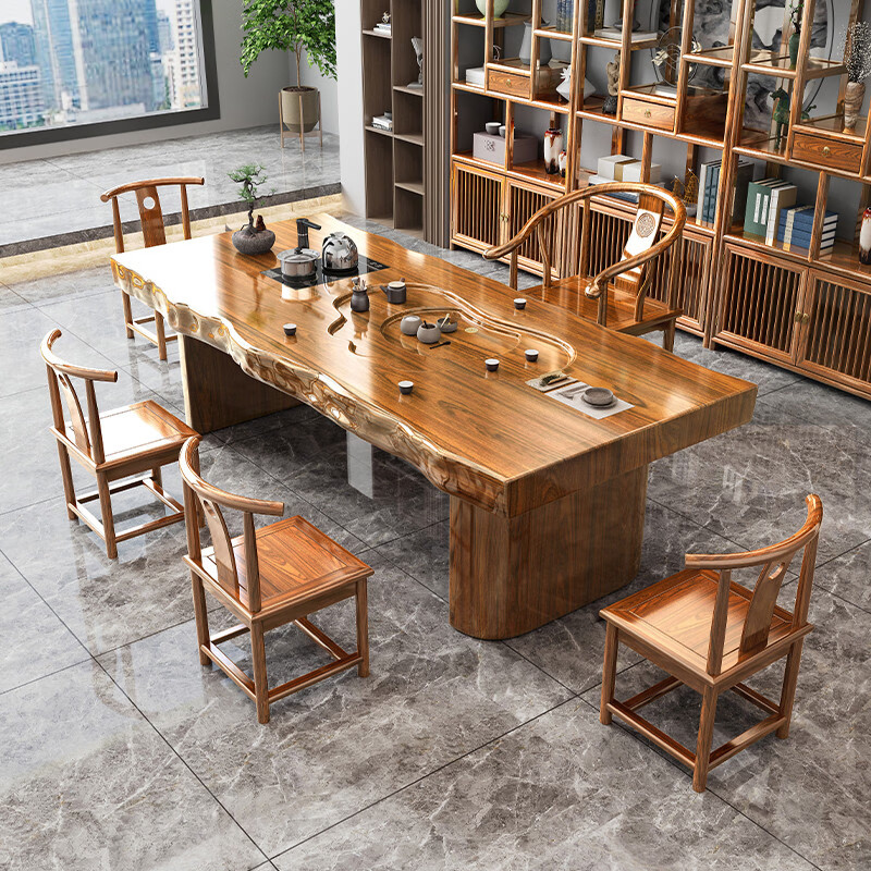 溥畔实木原木整板大板茶桌椅套装组合一桌五椅新中式茶几办公室泡茶台 [平面款]3.0米整板桌+1富贵椅+4围椅+茶水柜