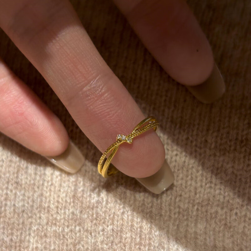 恒久叶中古金色超闪交叉绳结戒指女复古轻奢感ins百搭素圈食指戒潮 甜心结戒指【开口可调节】