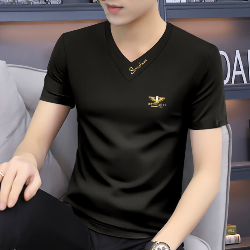 敖琥夏季2026新款莫代尔男士v领短袖t恤上衣服速干体恤衫潮流男装 雾霾蓝 5XL （200-220斤