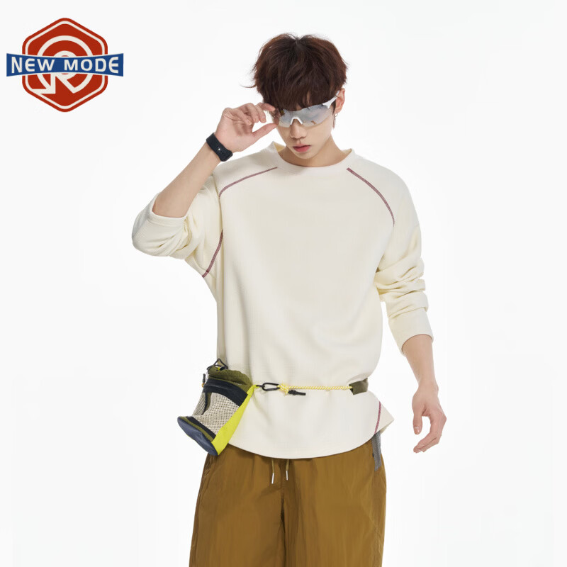 NEW OR MODE美式潮牌哈苏线长袖t恤男春季新款休闲百搭肌理感运动户外上衣T恤 米白色【高品质】 M 【建议90-110斤】