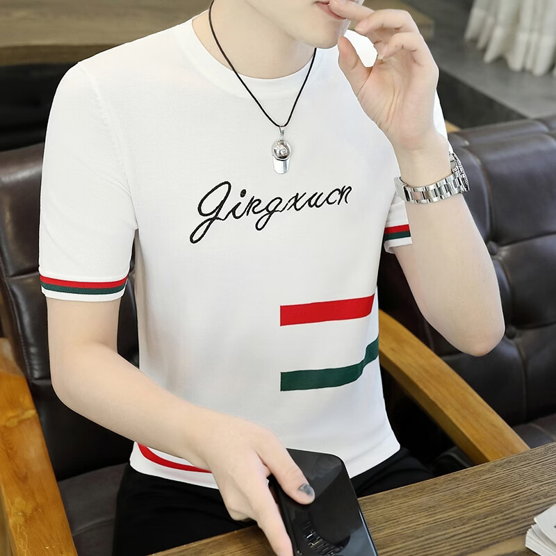 罗鸣老人【轻奢潮流】短袖t恤男2026夏季新款半高领修身薄款半袖体恤衫 白色 2XL 【建议135-150斤】