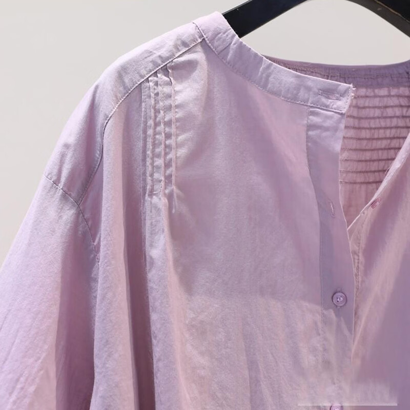 子牧棉麻2026春夏装 女洋气小衫宽松显瘦圆领开衫五分袖衬衫上衣8013 紫色 M (建议95-115斤)