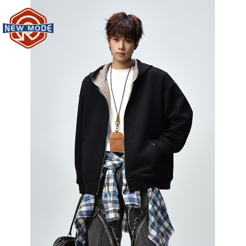 NEW OR MODE美式复古拼接连帽卫衣男春秋潮流重磅宽松休闲百搭情侣开衫外套 黑色【高品质】 M 【建议90-110斤】