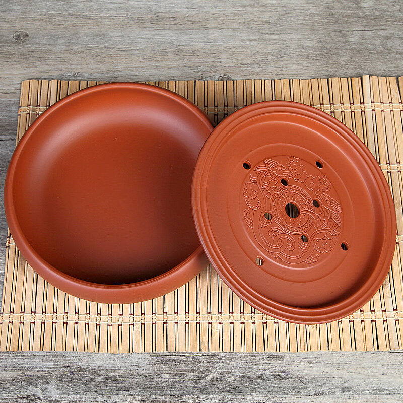 功夫茶海茶台紫砂大茶盘陶瓷茶具简约家用圆形茶托盘储水小号 红色双鱼(13英寸33cm)