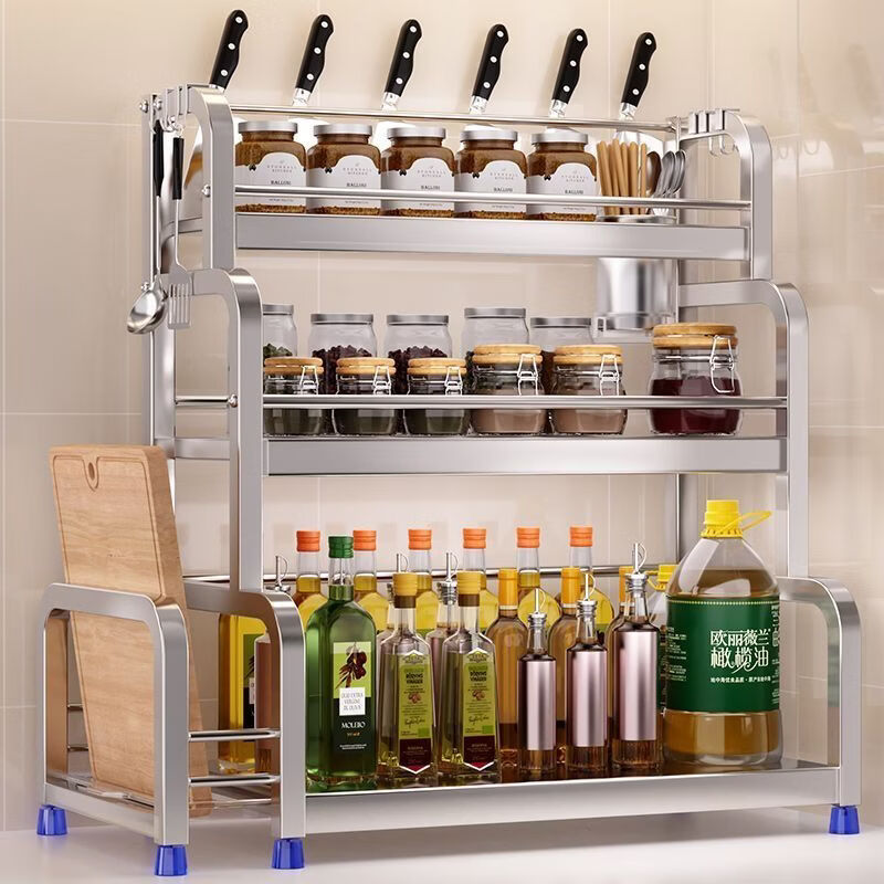 不锈钢厨房置物架家用台面调料用品架子多层多功能刀架筷筒jy 三层白色