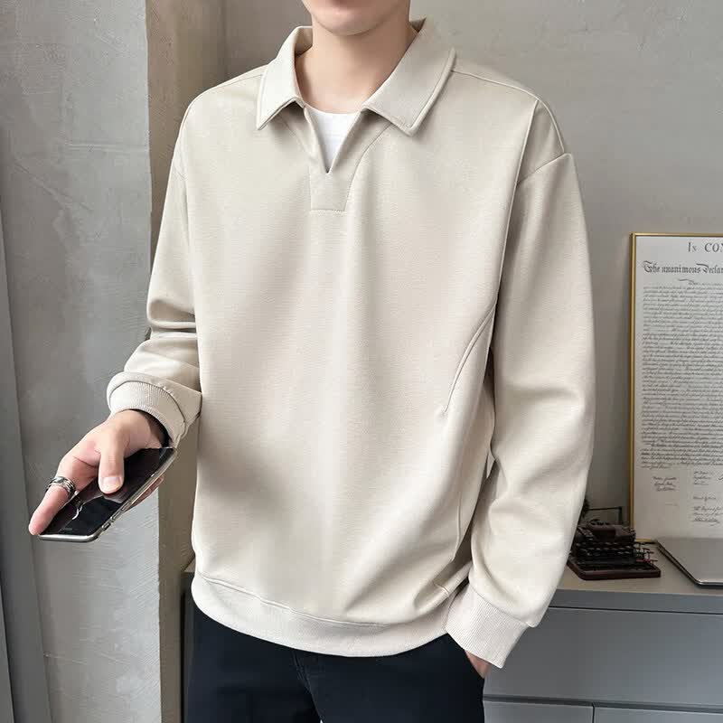 JPUZ男士卫衣春秋季新款美式v领秋装打底polo衫潮牌重磅衬衫领长袖t恤 杏色 M 120斤以内