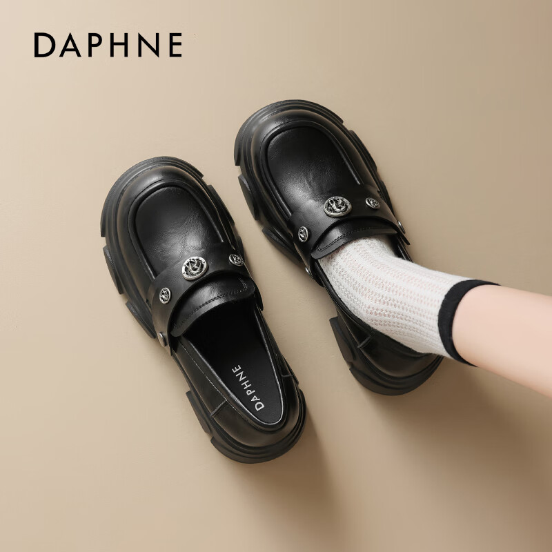 达芙妮厚底小皮鞋女2026新款春季百搭增高超软不累脚透气jk乐福鞋 黑色 36