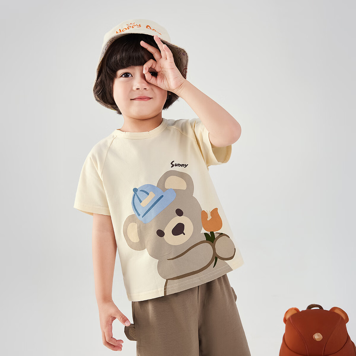 JELLYBABY【小熊卡通两件套】25年新品夏季男童婴幼T恤短裤套装可爱透气 蓝色 100