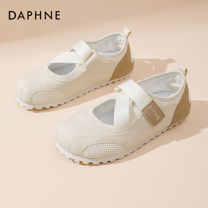达芙妮魔术贴单鞋女2026春新款小白鞋平底百搭休闲玛丽珍鞋泡芙鞋JD 米卡其色 38