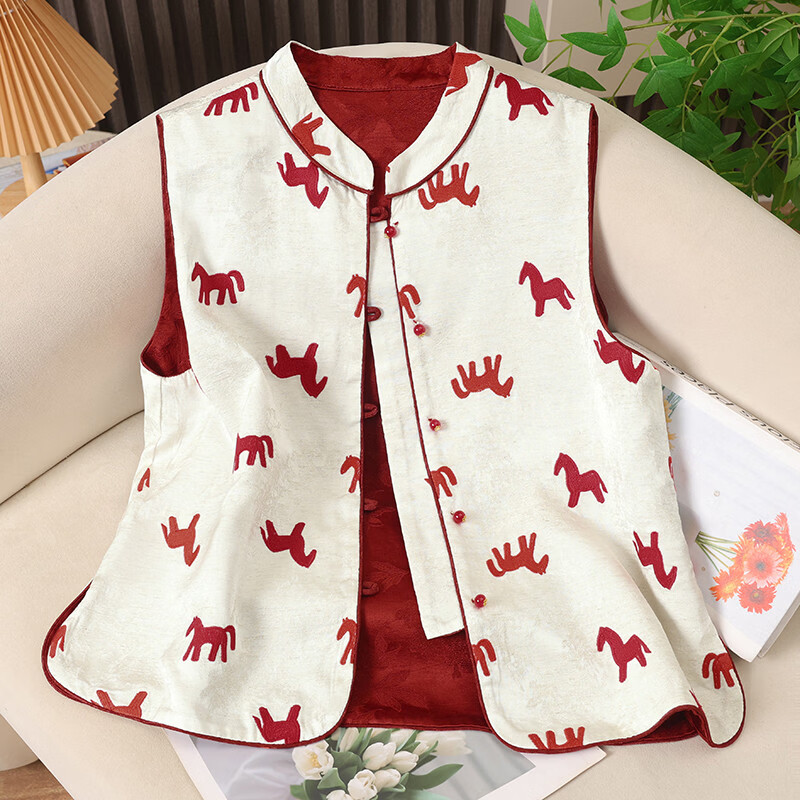 MODX新中式立领单排扣小马提花双面穿马甲女洋气坎肩外搭百搭背心 红色【双面穿】 4XL 135-150斤