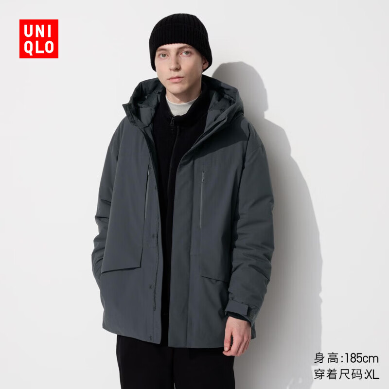 优衣库男装女装高性能复合连帽外套/保暖夹克含羽绒470073 08 深灰色 M /170/92A