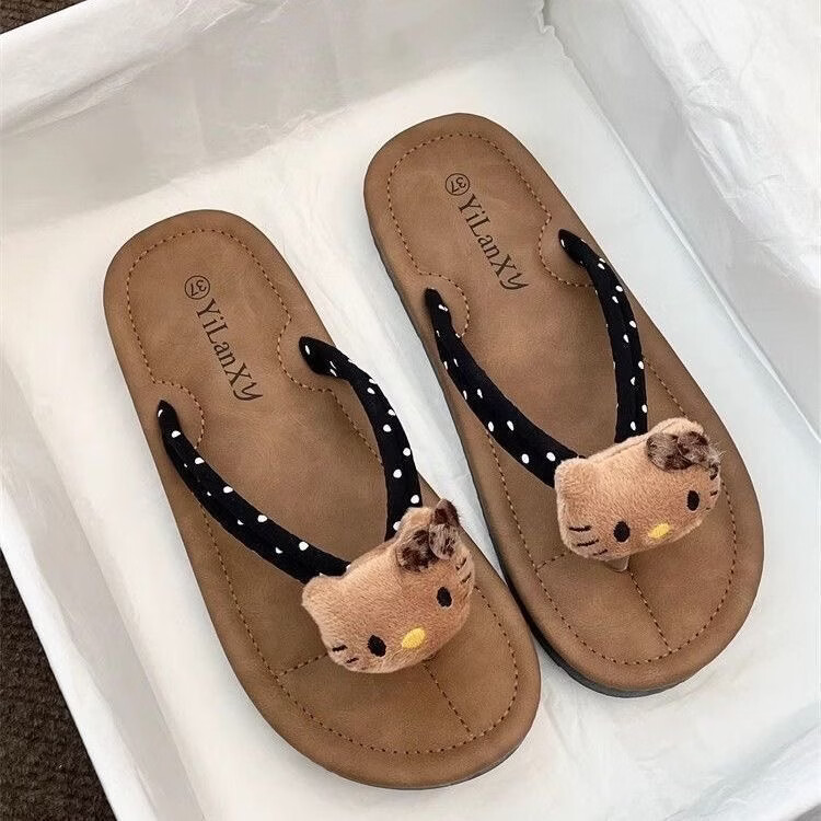 福虹辰2026卡通新款波点人字拖鞋女沙滩夏超软耐磨外穿外出洋气防滑Z KTI猫人字拖-黑色 36-37 适合35-36