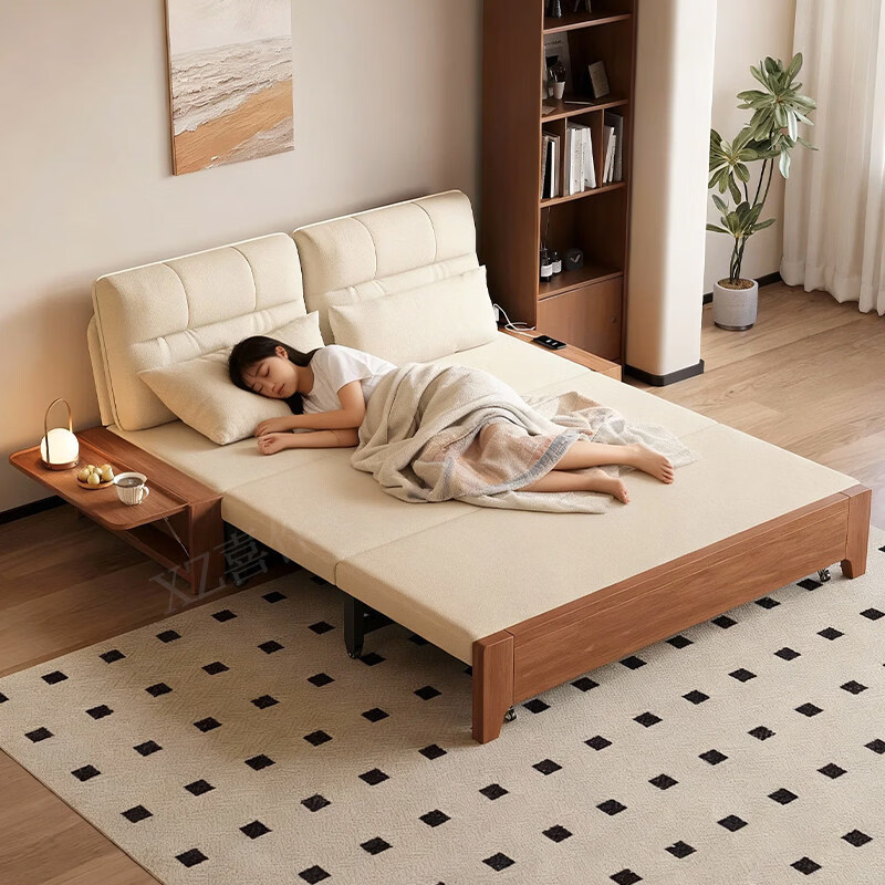 沙发床简约现代多功能两用可折叠小户型客厅家用新款折叠沙发 带储物箱1.5米(乳胶款_米白)原木色