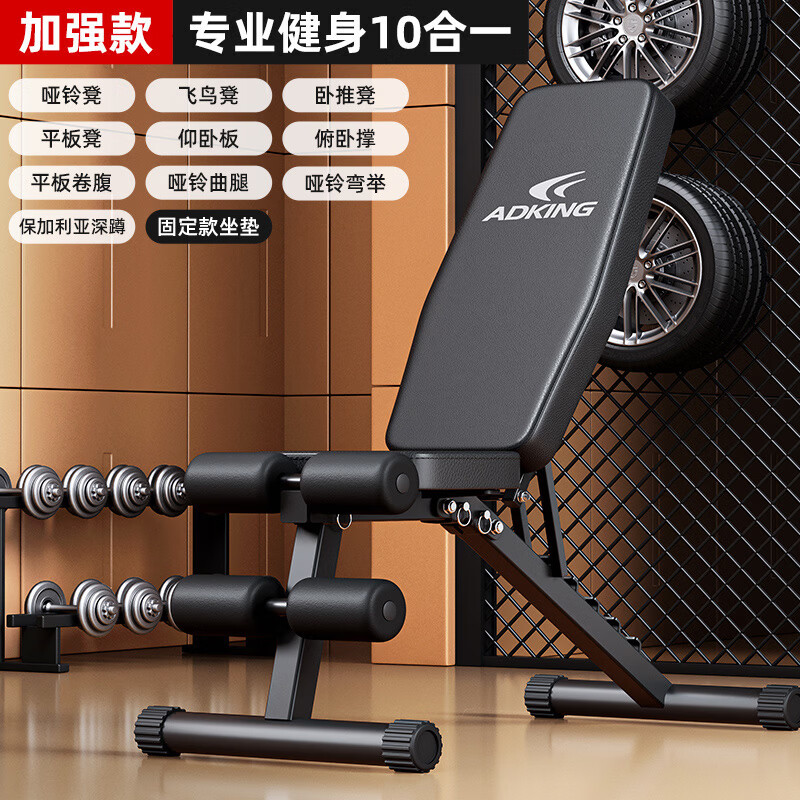 ADKING哑铃凳卧推男士仰卧起坐辅助器家用健身椅多功能运动器材专业椅子 加强10合1/固定坐垫 承重1000