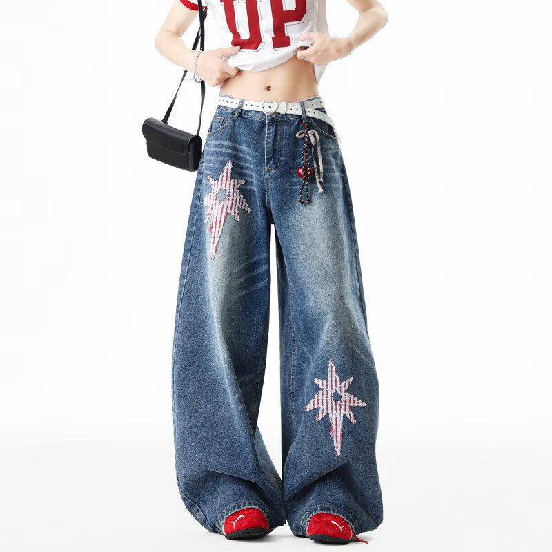 MODX美式原创星星布贴弯刀牛仔裤女男2026夏季新款潮牌宽松阔腿拖地裤 牛仔蓝 S