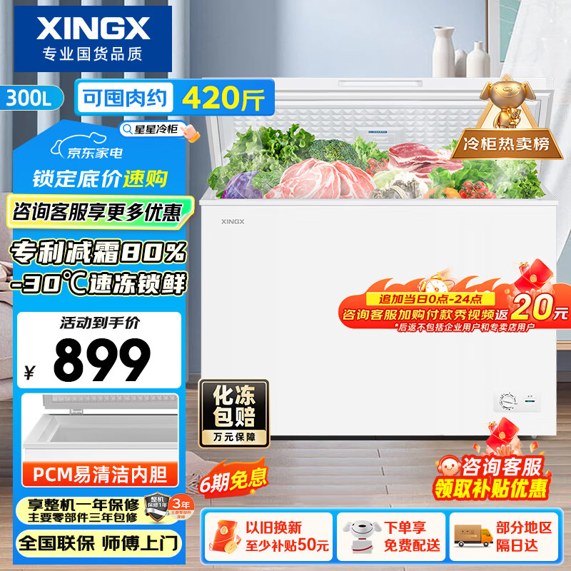 星星（XINGX）300L单温家用小型冰柜 大容量减霜保鲜净味节能一级能效冰箱冷藏冷冻两用冷柜BD/BC-300QJ